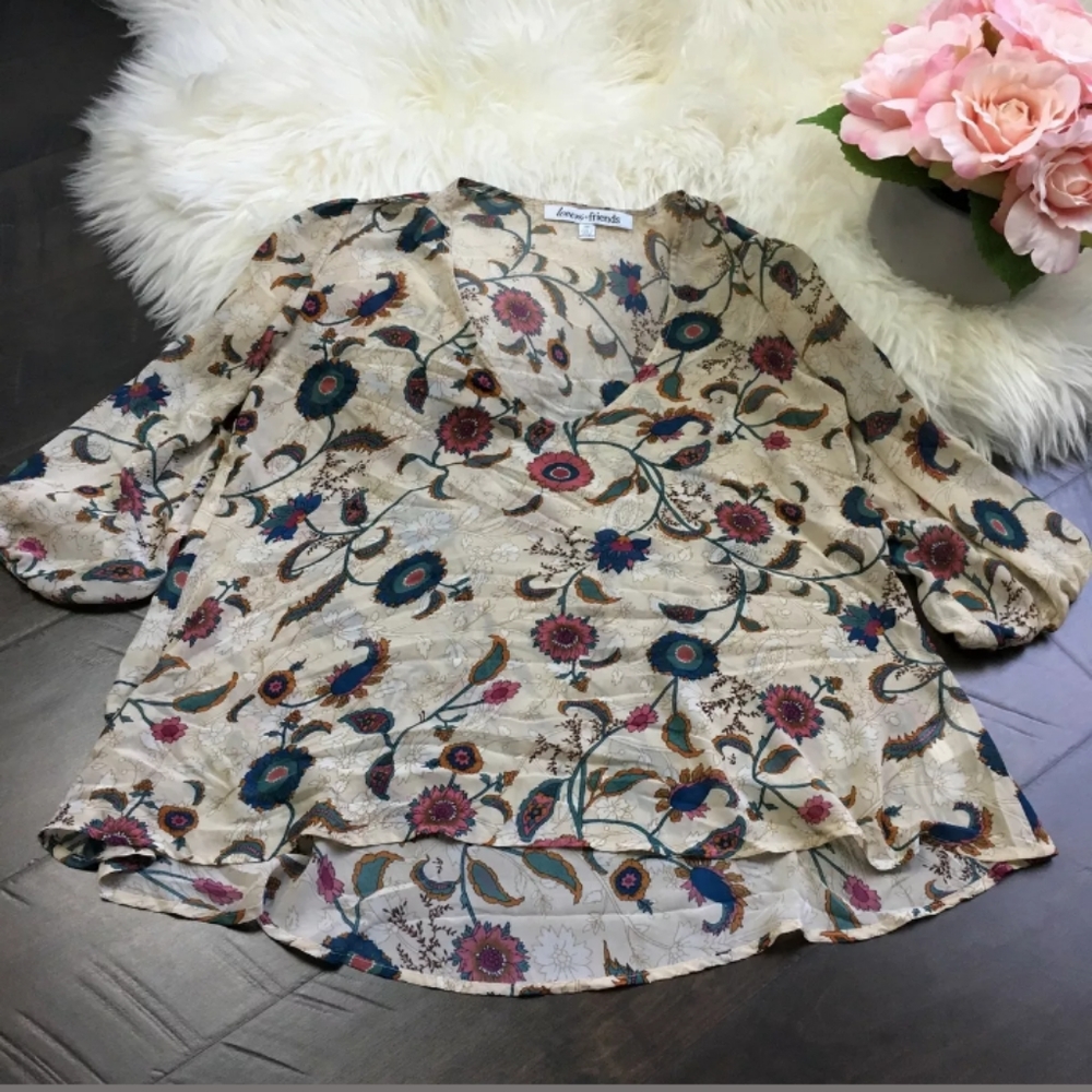 Lovers + Friends Blouse Floral Beige 3/4 Sleeve